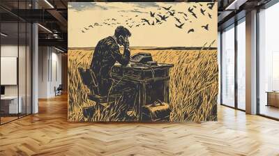 lino-cut print of a man in suit answering the telephone on desk within a field of wheat, briefcases are flying like birds in the sky Wall mural