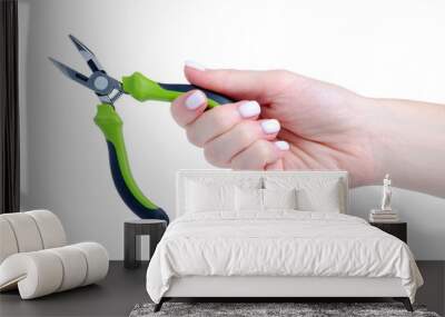 Green pliers work tool in hand on white background isolation Wall mural