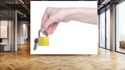 padlock with keys in hand on white background isolation Wall mural