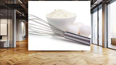 White bowl with flour and eggs, whisk on white background isolation Wall mural