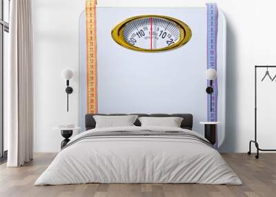 White weighing scale centimeter on a white background isolation, top view Wall mural