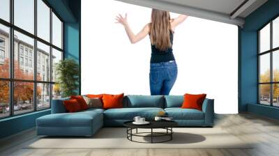 Woman in jeans happiness hands up on white background isolation, back view Wall mural