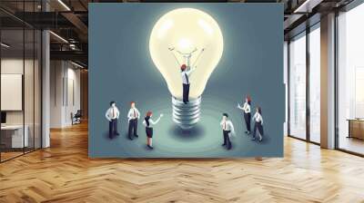 Businessmen hang a rising up arrow with light blub. Concept of economic competition, against competitors, career opportunity, market prediction, idea creativity thinking, job performance and growth.	 Wall mural