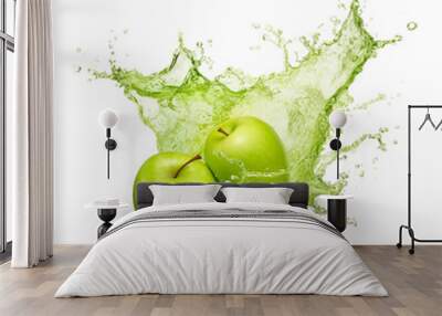 Fresh green apple and splash of water on white background Wall mural