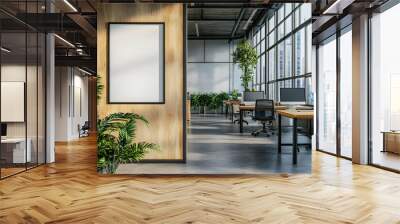 Modern Office Interior with City View, Blank Frame, and Natural Light Wall mural