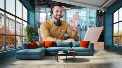 Smiling Customer Support Agent in Video Call at Modern Office  Wall mural