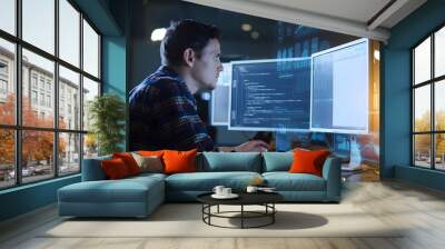 Software Developer Working on Code at Night - Programmer, Coding, and Technology Concept Wall mural