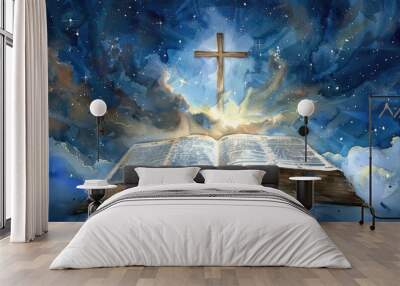 Watercolor Painting of an Open Bible with Cross - Spiritual Christian Art Wall mural