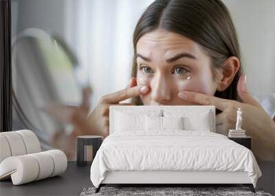 Young Woman Examining Skin in Mirror for Dark Circles and Blemishes Wall mural