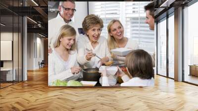 three generation family in kitchen eating lunch Wall mural