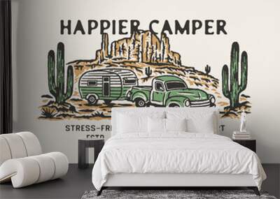 camper illustration Volkswagen graphic desert design cactus vintage Wall mural