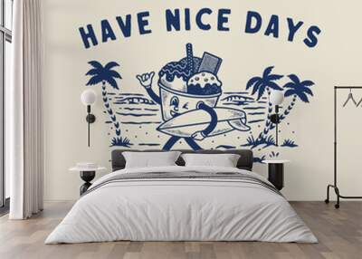 ice cream illustration mascot graphic surf design beach vintage summer badge waves Wall mural