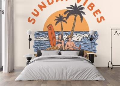 relaxed illustration enjoyed graphic beach design mermaid tropical vintage t shirt surf Wall mural