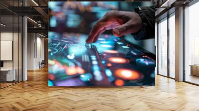 A hand interacts with a futuristic user interface, showcasing a blend of technology and design. Wall mural