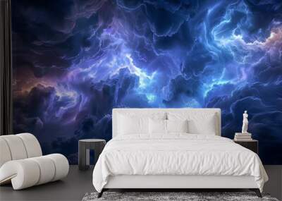 A swirling mass of blue and purple clouds with streaks of lightning Wall mural