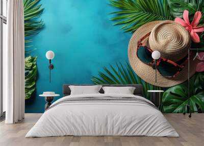 Flat Lay of Tropical Hawaiian Shirt with Sunglasses, Hat, and Palm Leaves on Blue Background, Top View, Vacation and Summer Style Concept

 Wall mural