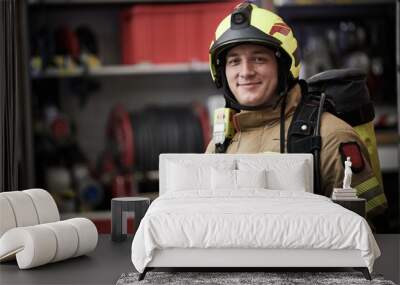 firefighter on duty. Portrait of fireman at work Wall mural