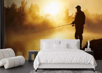 fisher fishing on foggy sunrise Wall mural