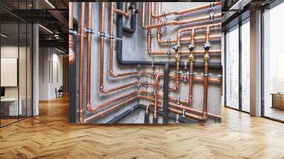 Plumbing service. copper pipeline of a heating system in boiler room Wall mural