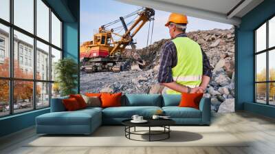 Worker looks on excavator works at opencast Wall mural