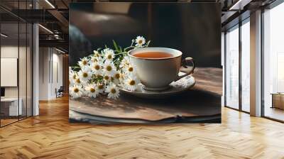 A cup of herbal tea with chamomile flowers on the saucer, sitting in an elegant teacup Wall mural