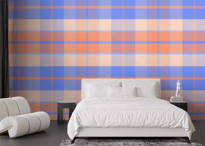 Plaid with twill weave repeat pattern in purple and orange.Gingham seamless pattern with stripes.Checkered tartan Geometric graphic vector illustration background. Wall mural