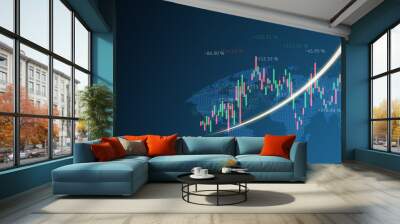 map world representing the global data business with trading stock or forex graph and light arrow gr Wall mural