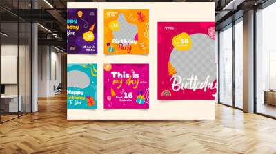 Set of cute happy birthday social media post Wall mural