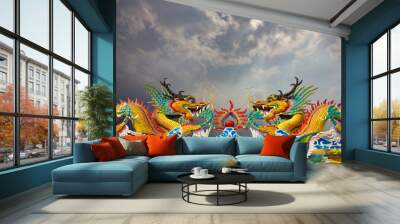 Golden Dragon statues, two on the roof gracefully. Wall mural