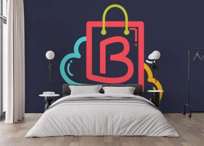 B letter with shopping bag and hearts icon. Wall mural