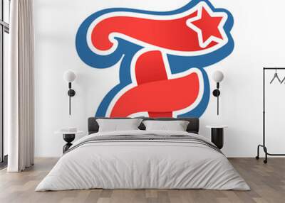 f letter logo with star in vintage baseball style. Wall mural