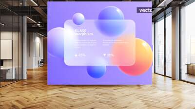 Glassmorphism card concept with colorful floating spheres. Frosted glass effect. Wall mural