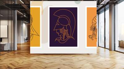 Greek modern faces portraits in one line style. Various Antique busts. Heads of woman, Aphines and king. Wall mural