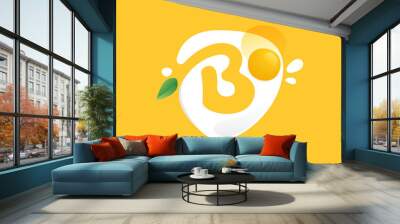 Letter B logo on a Fried Egg with green leaf and splashes. Wall mural