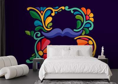 Letter B logo with Mexican colorful and ornate ethnic pattern. Traditional Aztec leaves and flowers embroidery ornament. Wall mural