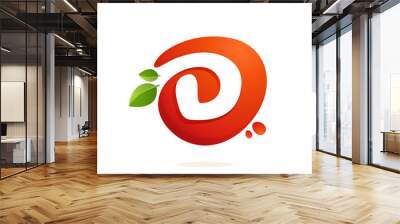 Letter D logo in fresh juice splash with green leaves. Wall mural