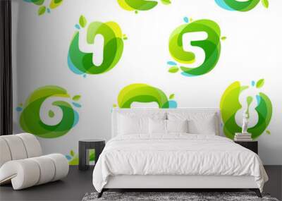 Numbers set logos at green watercolor splash background. Wall mural