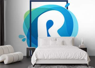 r letter logo in square frame at blue watercolor splash backgrou Wall mural