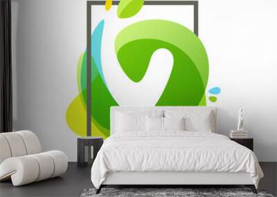 V letter logo in square frame at green watercolor splash backgro Wall mural