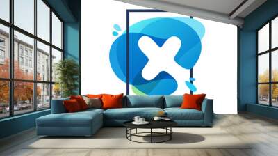 X letter logo in square frame at blue watercolor splash backgrou Wall mural