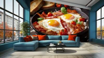 Bacon, eggs, and tomatoes in a pan, generative ai Wall mural