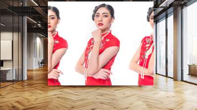 Set three posing Smile young woman wear cheongsam red dress looking at camera over isolated on white background with copy space. Chinese new year concept. Wall mural