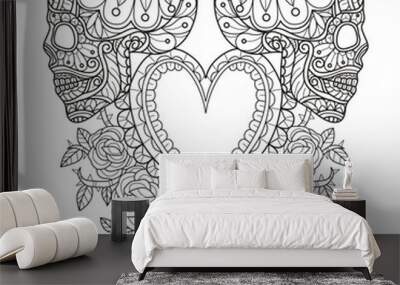 Skull and rose heart hand drawn for adult coloring book Wall mural