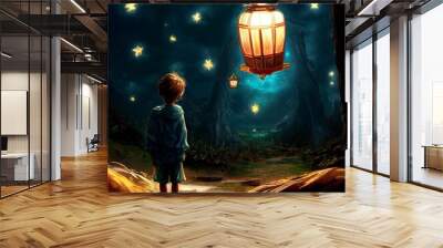 Ai generated illustration of a boy standing in front of a lantern with starry sky in the background Wall mural