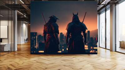 Two samurai standing in front of a city at night, Generative AI Wall mural