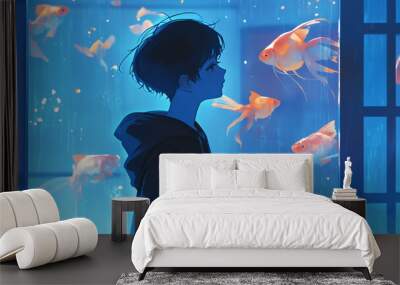 Blue Dreamy Anime Illustration of a Boy Watching Goldfish Aquarium Wall mural