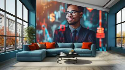 Businessman with financial charts, dollar signs, confident and professional, business concept
 Wall mural