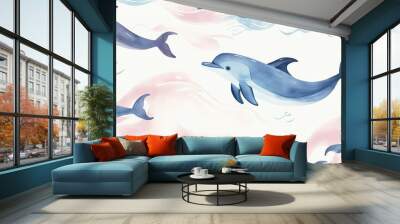 Ethereal minimalist background with dolphins and ocean waves in watercolor
 Wall mural