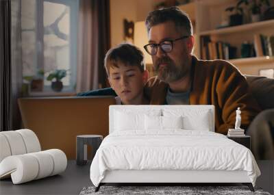 Father teaching kids to use laptop. illustrating elder people teach young people how to use technology Wall mural