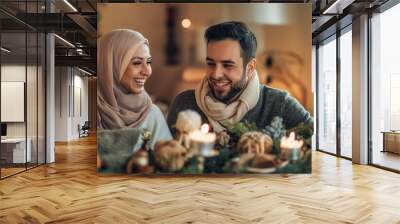 Hijabi Woman and Man Laughing in a Thanksgiving Dinner
 Wall mural